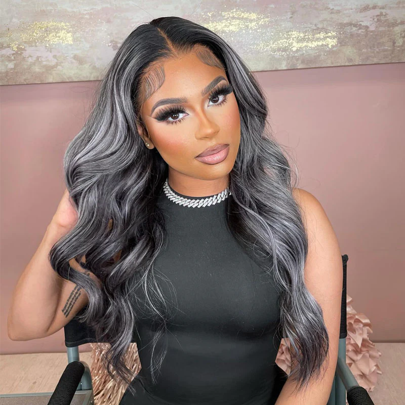 Highlight Grey Wig Human Hair Body Wave Lace Front Wig With Grey