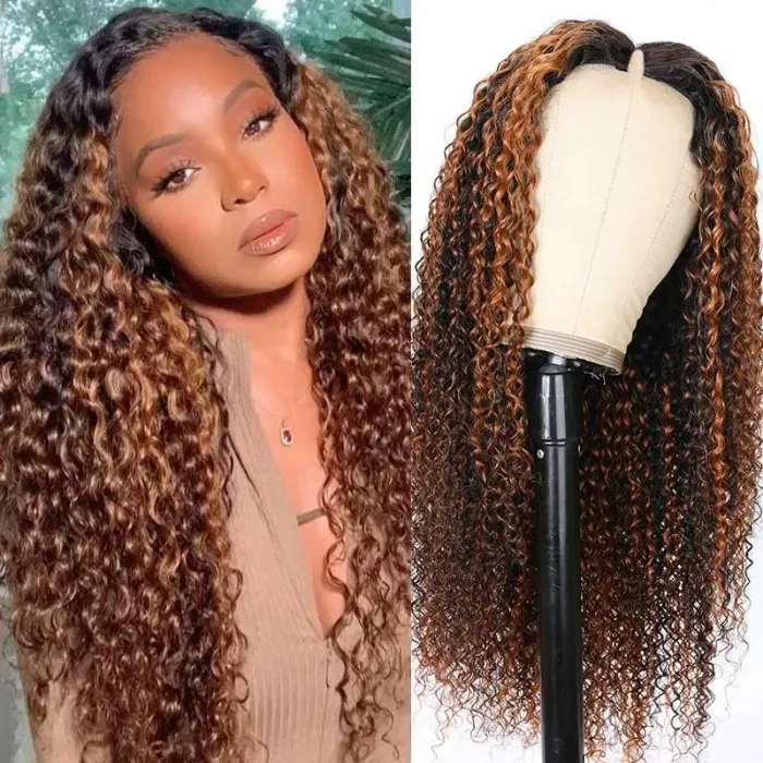 AngieQueen Glueless Highlight  Human Hair Wig Beginner Friendly U Part Curly Wig