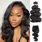 Angie Queen 3 Bundles with Closure Peruvian Body Wave Virgin Human Hair Weave Bundles