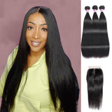 Angie Queen 3 Bundles with Closure Indian Silky Straight Virgin Human Hair Weave Bundles